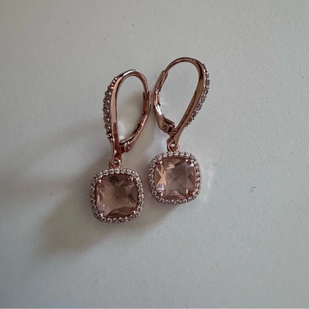 Rose Gold Pink Crystal Drop Earrings - Women Jewelry - Picture 1 of 3